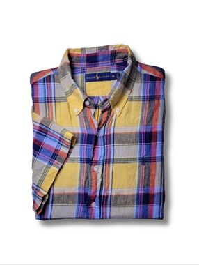 Ralph Lauren Yellow Madras Plaid 100% Linen Short Sleeve Button-Down Shirt XL